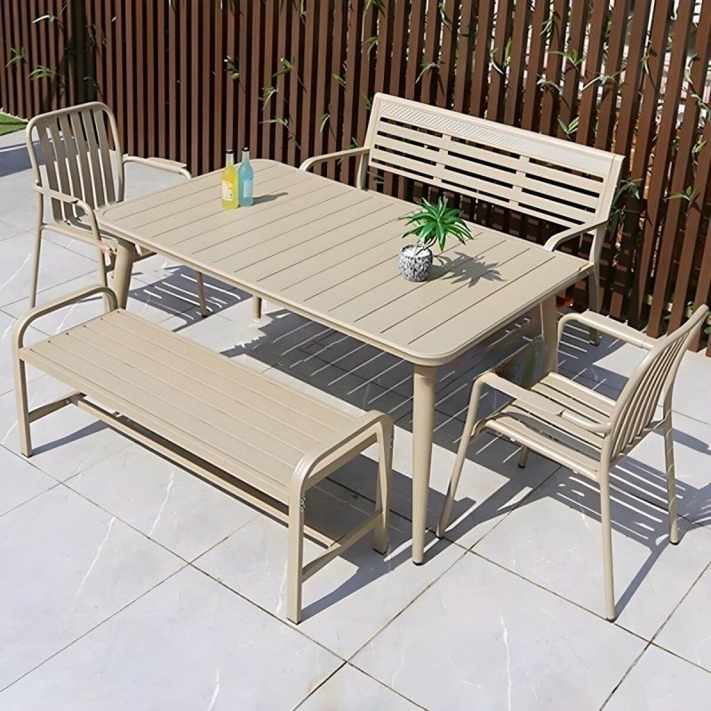 "Sleek Metal Outdoor Dining Set Rectangular Table with 2 Stylish Benches - Table & 2 Chairs & 2 Benches 47"L x 31"W x 29"H Khaki"