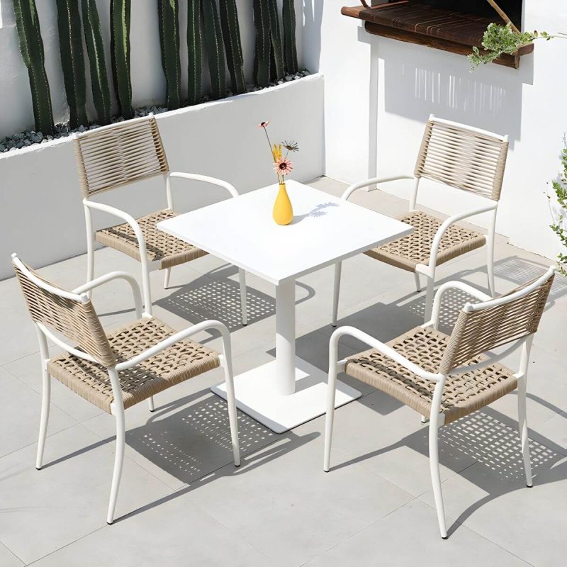 "Contemporary Dining Table White Outdoor Table with Metal Base - Textured White 27.6"L x 27.6"W x 28.3"H Square Table Only"
