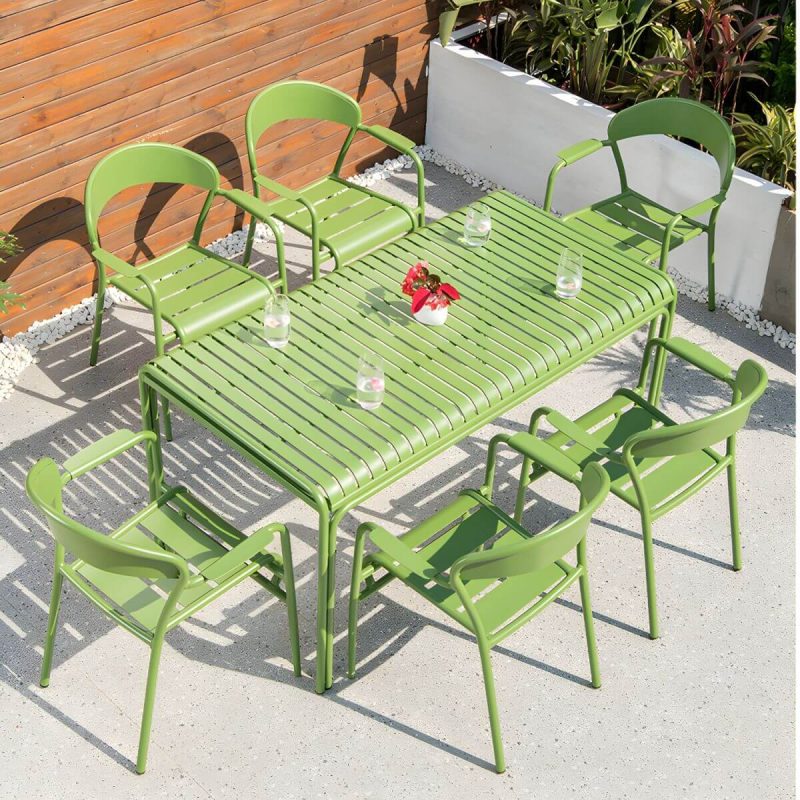 "Contemporary Dining Table Set with Green Metal Top for Courtyard - Table & Chair(s) 6 59"L x 30"W x 31"H"