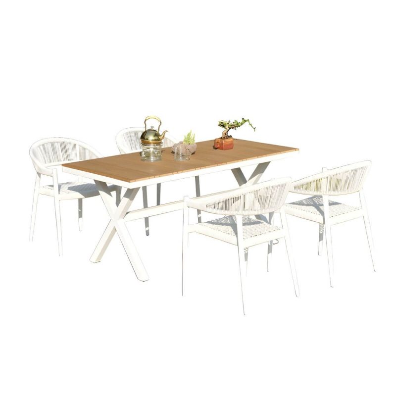 "Weatherproof White Wicker Patio Dining Set with Set of Stackable Chairs - Table & 4 Chairs 63"L x 30"W x 29"H"