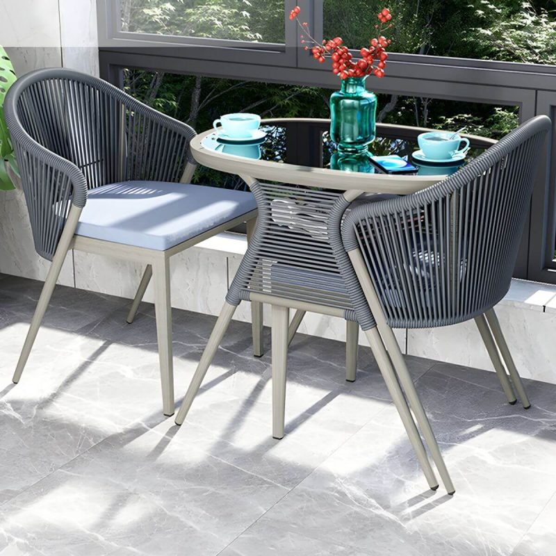 "Contemporary Dining Table Set with Oval Top and 2 Woven Chairs for Courtyard - Table & Chair(s) 2 Gray/ Black"