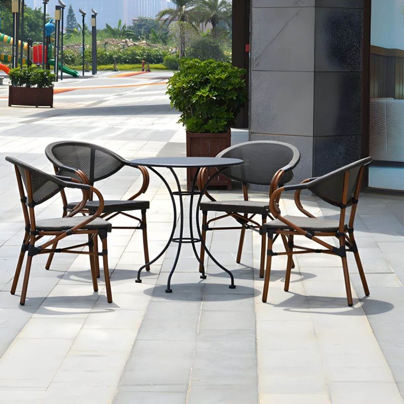 "Modern Brown Wicker/Rattan Patio Dining Set with Stackable Chairs, Metal Table Base - Table & Chair(s) 27.6"L x 27.6"W x 28.7"H 4"
