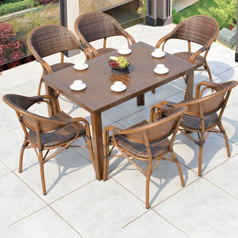 "Traditional Brown Metal Patio Dining Set with Rectangular Table - Table & 6 Chairs 47"L x 31"W x 29"H"