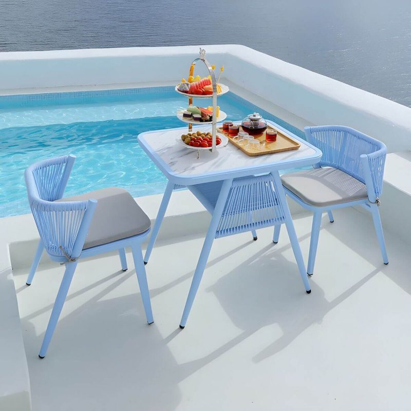 "Modern Style Stone-Top Patio Dining Set with Weatherproof Wicker Chairs - Desk with 2 Chairs 31"L x 25"W x 30"H Blue"