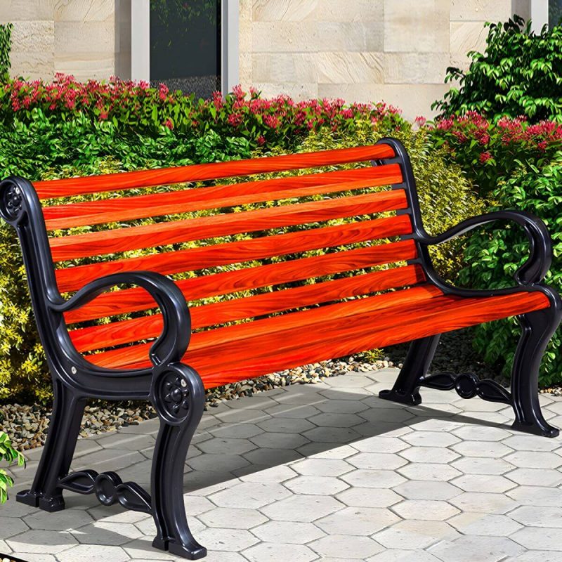 "Wood and Metal Outdoor Bench Mid-Century Modern Outdoor Picnic Bench - 59"L x 25"W x 32"H Orange Red"