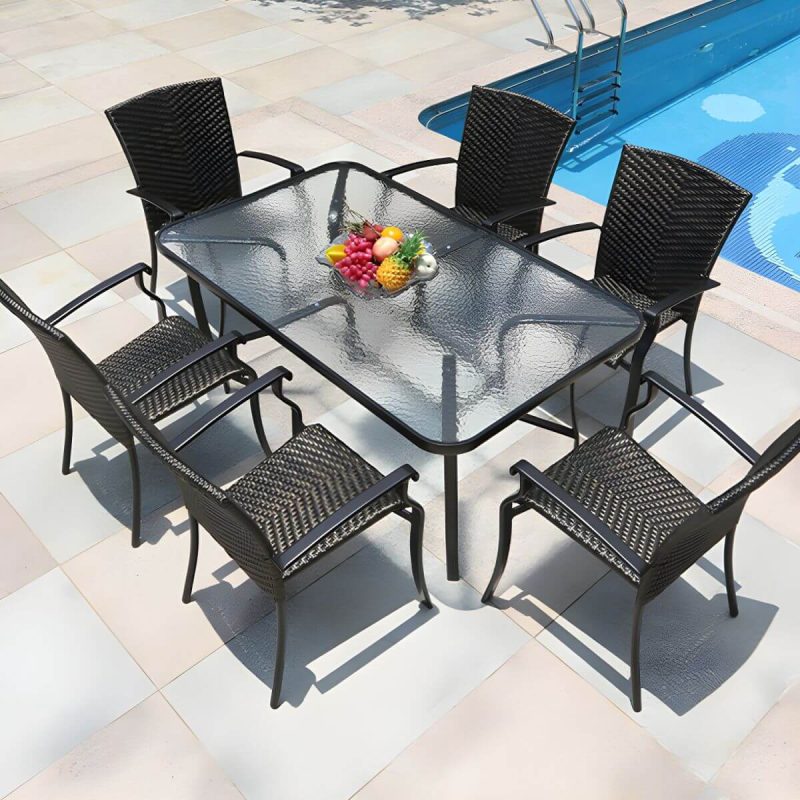 "Contemporary Glass Dining Table Set with Black Woven Chairs for Courtyard - Table & Chair(s) 59"L x 35"W x 28"H 6 Clear"