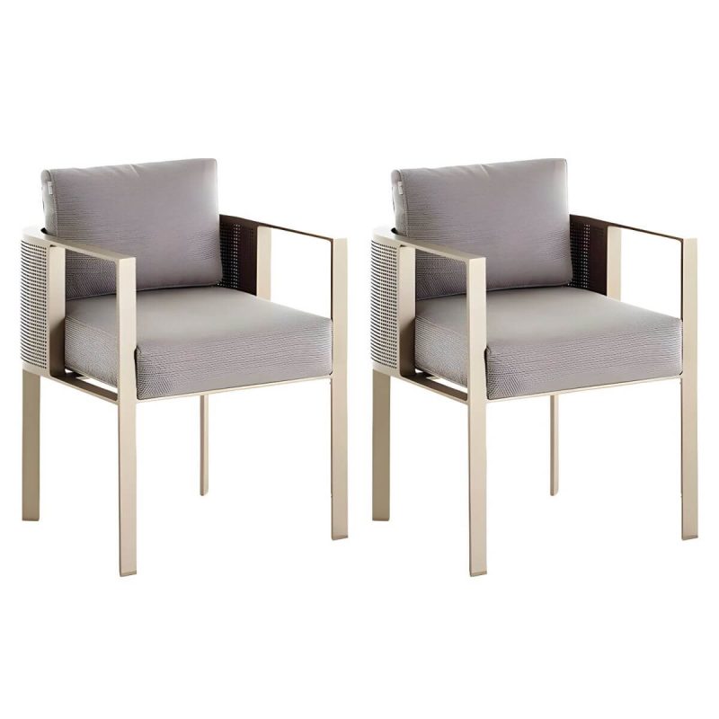 "Modern Gold Metal Arm Chair for Patio Dining with Rust Resistant Features and Brown Upholstery - Brown 2 Piece Set"