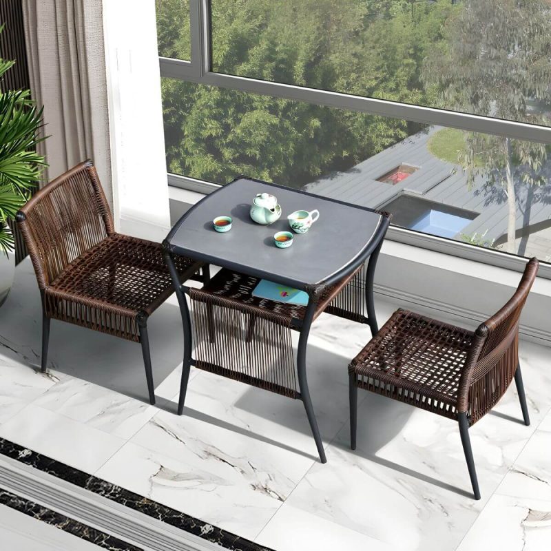 "Contemporary Dining Table Set with 2 Woven Chairs for Courtyard - Table & Chair(s) 2 Brown"