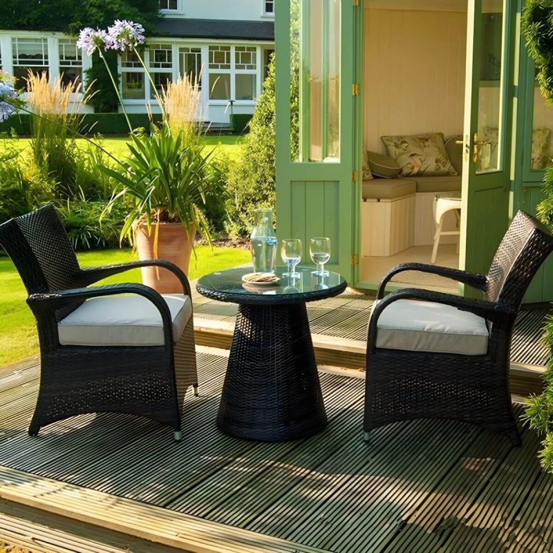 "Glass Brown Dining Table Set with Rattan Chairs for Courtyard - Table & Chair(s) 23.6"L x 23.6"W x 27.6"H 2 Coffee"