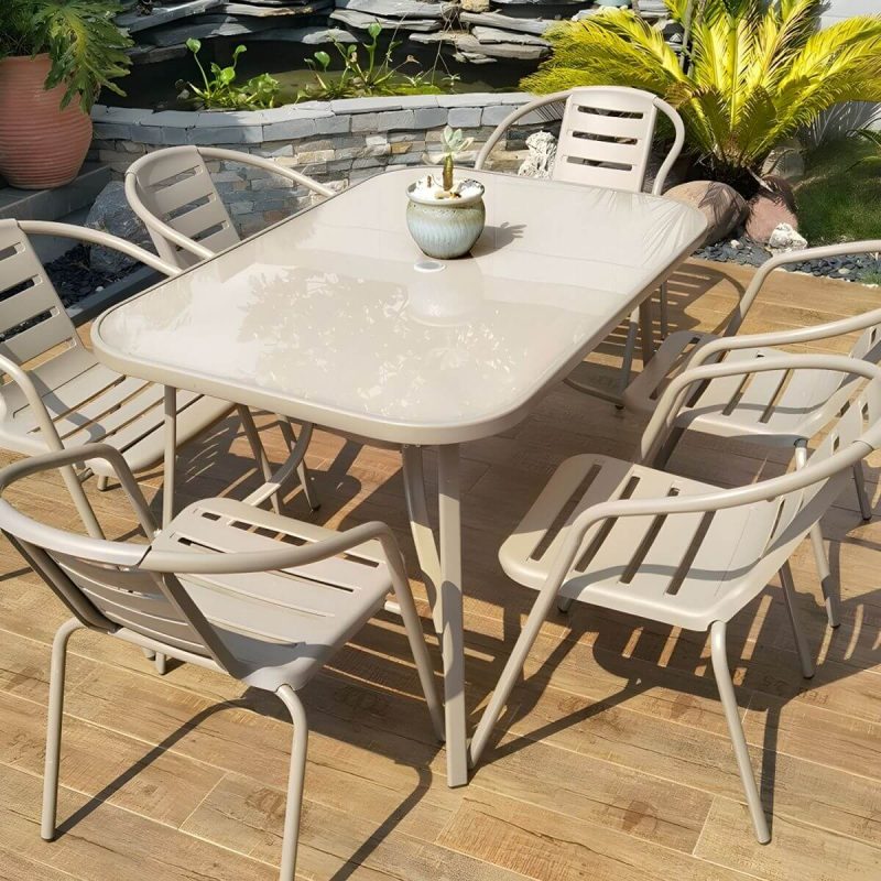 "Modern Rust Resistant Brown Metal Stackable Arm Chair for Outdoor Dining - 6 Piece Set"