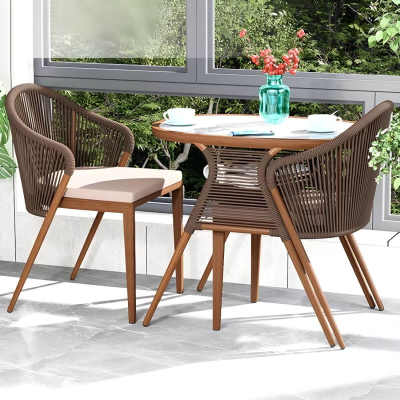 "Contemporary Dining Table Set with Oval Top and 2 Woven Chairs for Courtyard - Table & Chair(s) 2 Walnut/ Gray"