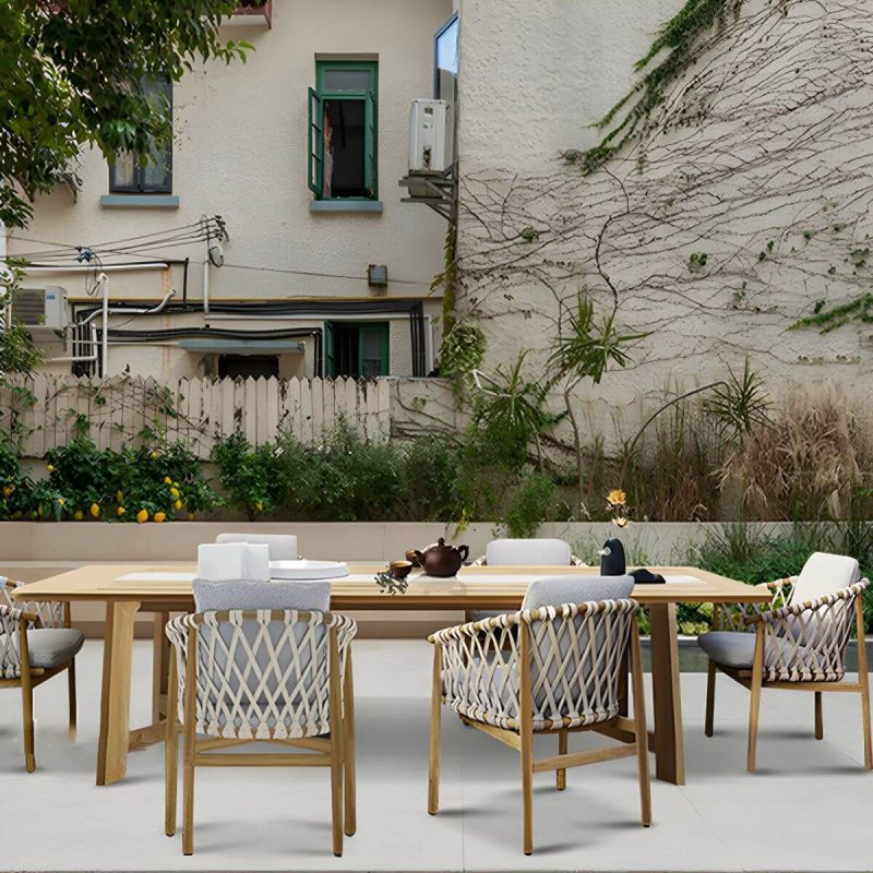 "Teak Wood Modern Patio Dining Table with Umbrella Hole - Waterproof and UV Resistant - Table Only 98"L x 39"W x 29"H Rectangular"