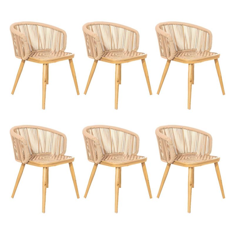 "Coastal Aluminum Arm Chair with Brown Wicker Back and Beige Cushions for Patio Dining - Brown 6 Piece Set"