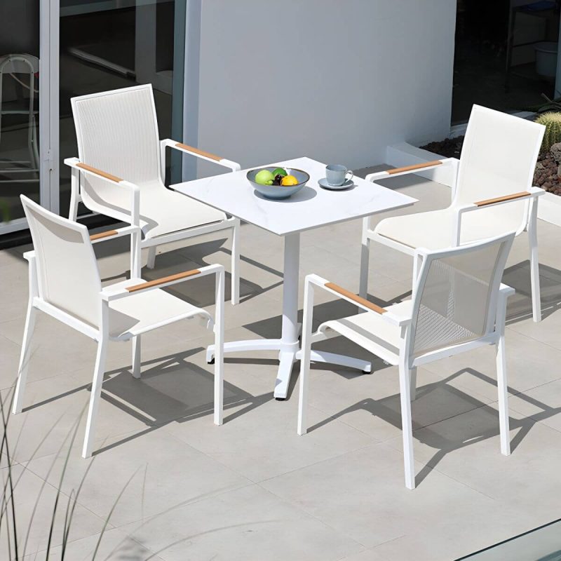 "Modern Outdoor Patio Table UV Resistant Dining Table with Metal Frame - Table Only 27.6"L x 27.6"W x 28.7"H Cherry Wood Round"