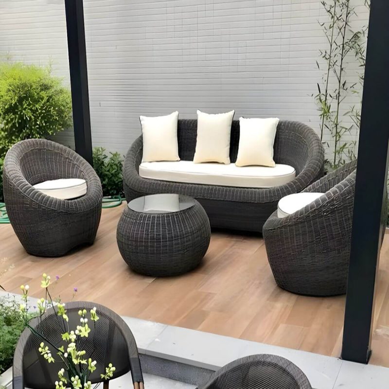 "Glass Coffee Table Included Courtyard Sofas Rattan Weaving Modern in Grey - 3-Piece Set(2 Chairs & 1 Coffee Table)"