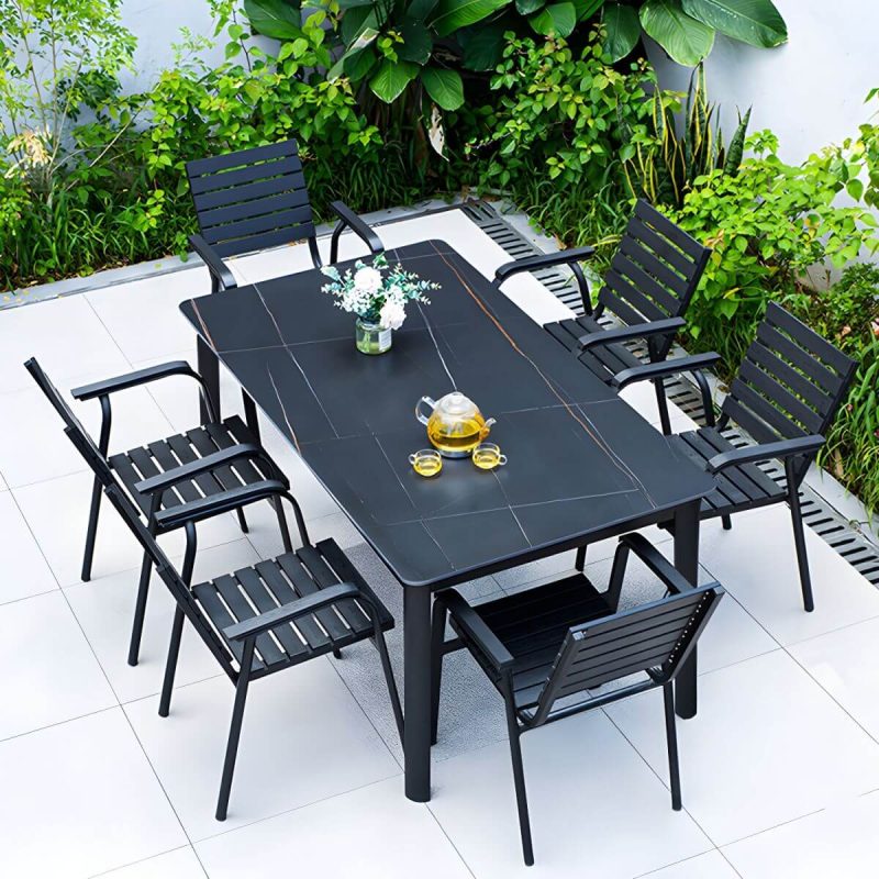 "Metal and Slate Patio Table Industrial Wind Room Outdoor Patio Dining Table - 27.6"L x 27.6"W x 29.5"H Table Only"
