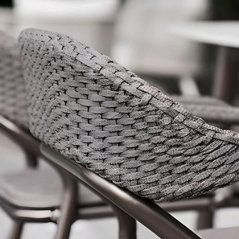 "Modern Gray Metal Patio Dining Arm Chair with Wicker Rattan Back - 6 Piece Set"