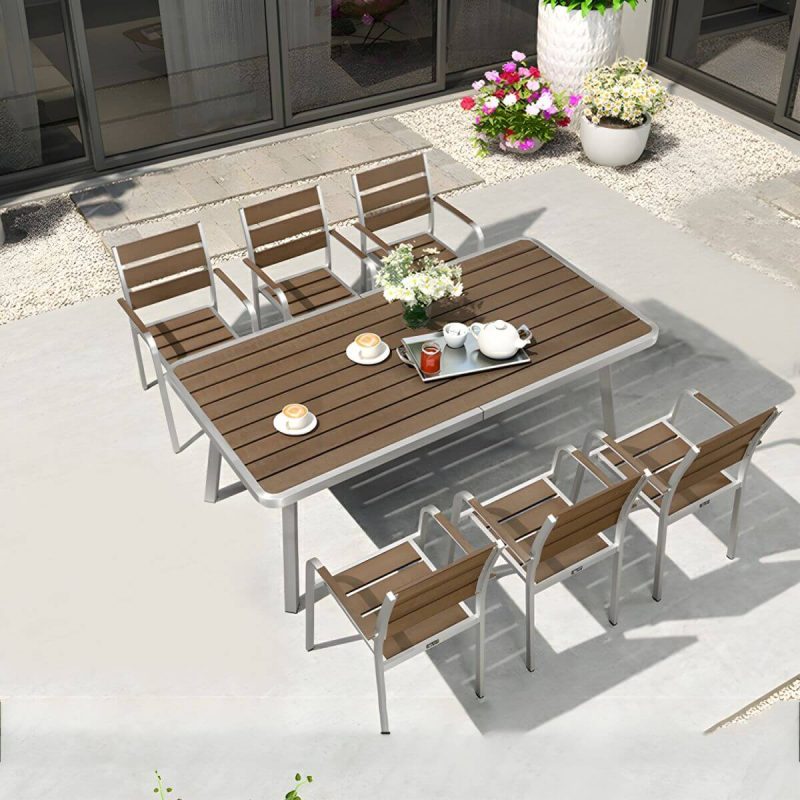 "Stylish Mid-Century Brown Patio Dining Ensemble with Manufactured Wood Tabletop - Table & 6 Chairs 79"L x 39"W x 30"H"
