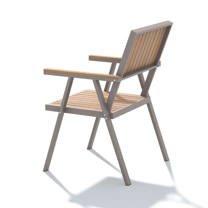 "Modern Aluminum & Wood Outdoor Dining Chair Patio Armchair in Natural & Gray (Set of 2)"