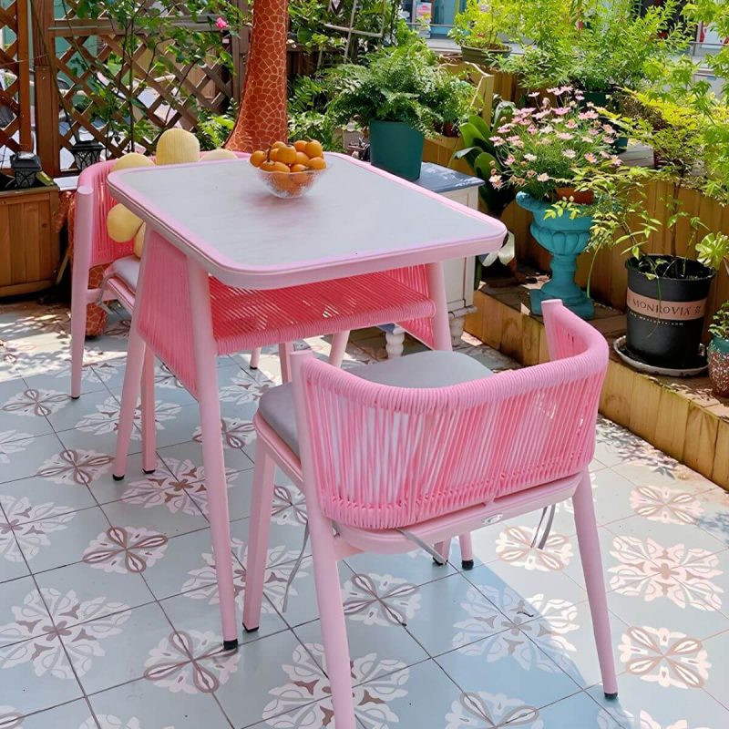 "Modern Style Stone-Top Patio Dining Set with Weatherproof Wicker Chairs - Desk with 2 Chairs 31"L x 25"W x 30"H Pink"