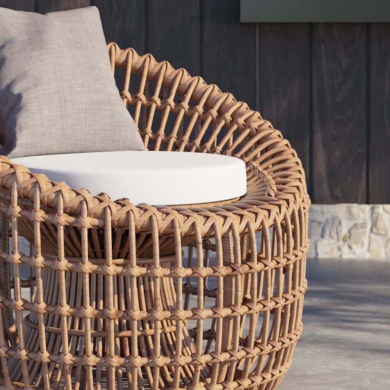"Austen Rattan Outdoor Barrel Chair Nest Shape Sidechair with Cushion in Brown"