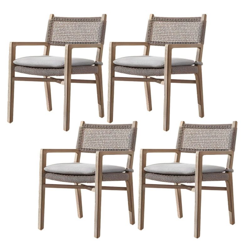 "Traditional Teak Natural Solid Wood Stacking Upholstered Outdoor Bistro Chairs - 4 Piece Set With Arms 45 Density Foam"