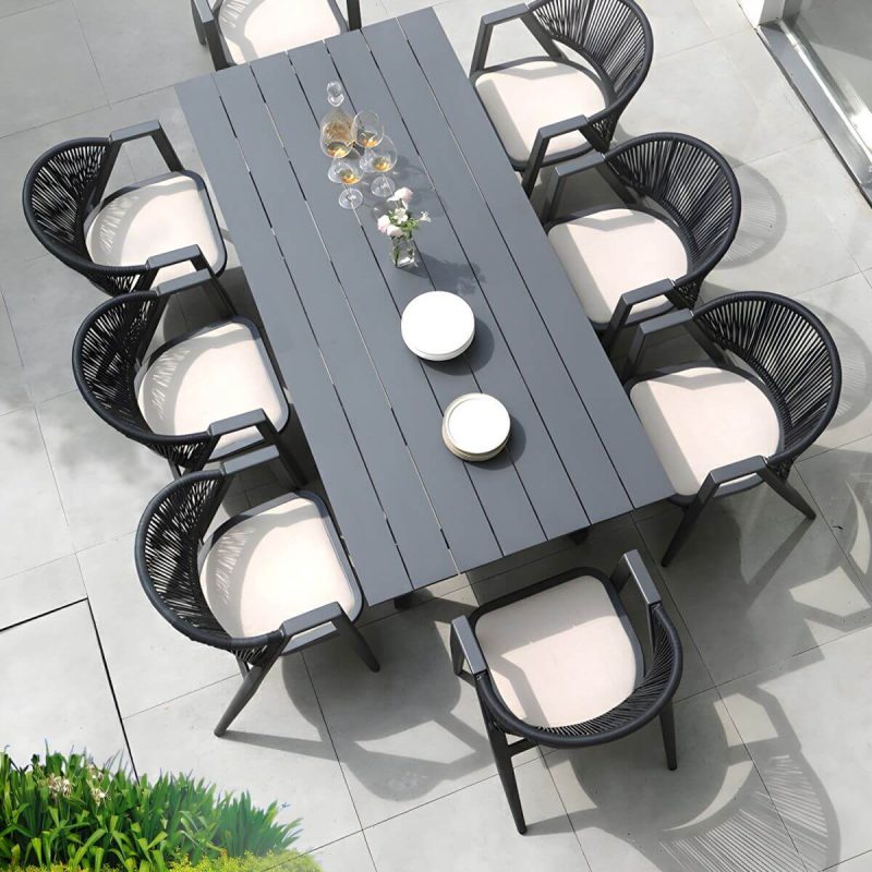 "Contemporary Gray 11-Piece Weatherproof Patio Dining Set with Gray Wicker Chairs - Table & 8 Chairs 81"L x 39"W x 29"H"