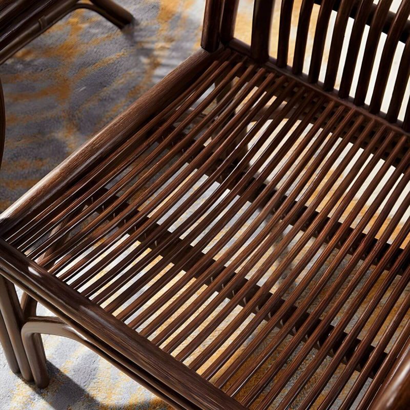"Traditional Rattan Natural/Black Patio Arm Chair with Water Repellent Finish Cushion - Natural Finish 6 Piece Set"