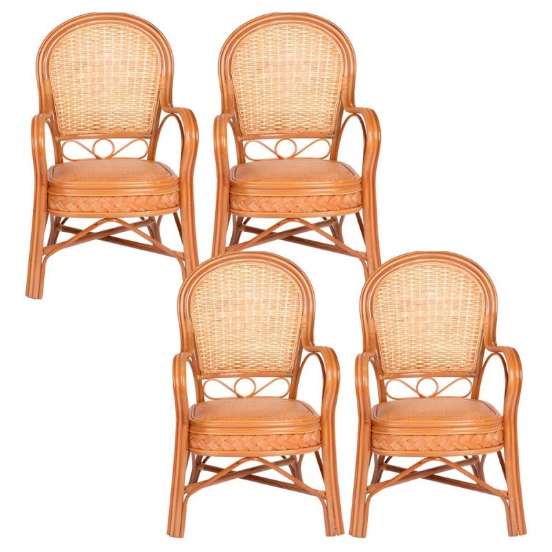 "Traditional 40.55" Height Solid Color Rattan Outdoor Dining Armchair - Yellow 4 Piece Set"