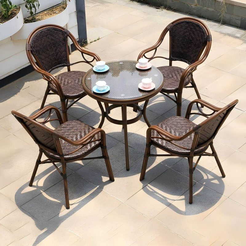 "Modern Brown Glass Top Patio Table Set Metal 4 Legs for Outdoor - Table & Chair(s) 27.6"L x 27.6"W x 29.5"H 4"