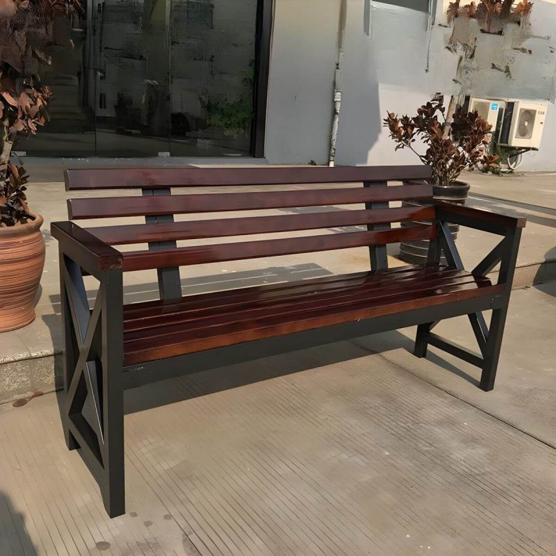 "Water Resistant Black Metal Traditional Park Bench with Wood Seating and Back - Coffee 71"L x 16"W x 33"H"