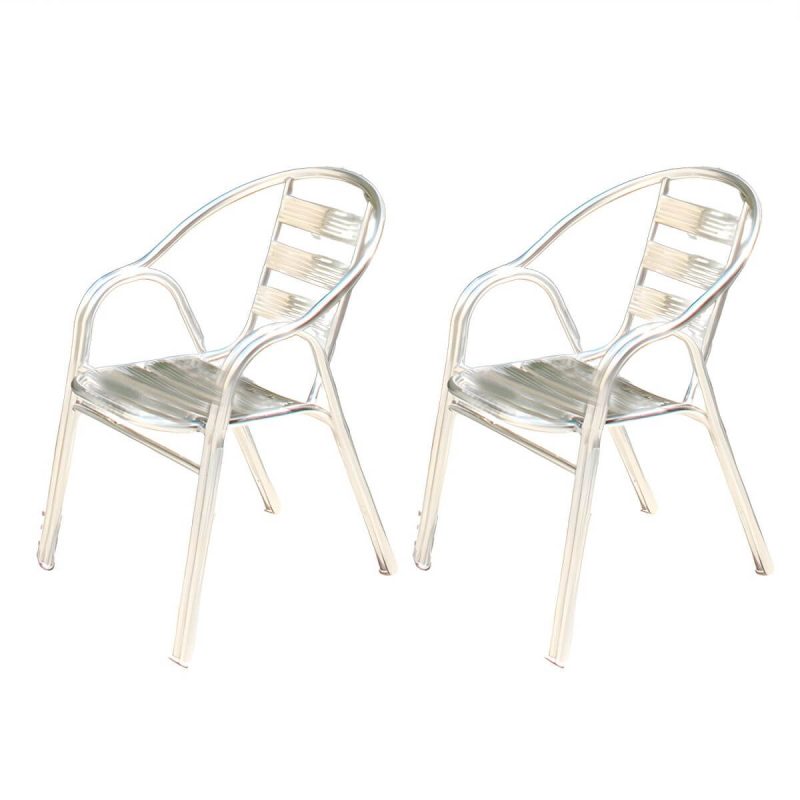 "Silver Modern Armchair Metal Stacking Dining Chairs with Arm - White-Silver 2 Piece Set"