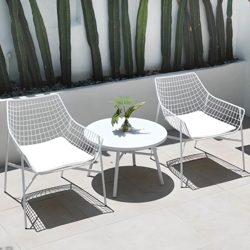"Industrial Style Courtyard Sofa Set Metal with Round Coffee Table - 3-Piece Set(2 Chairs & 1 Coffee Table) White"