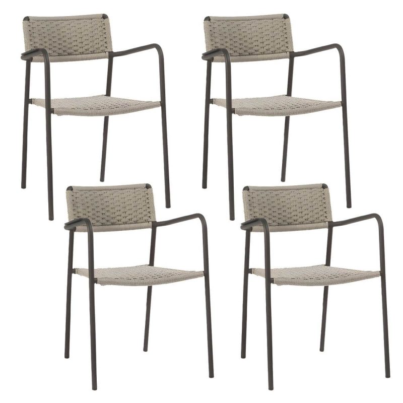 "Rattan Contemporary Aluminum Stacking Patio Arm Chair in Gray - 0.06" Aluminum Frame 4 Piece Set"