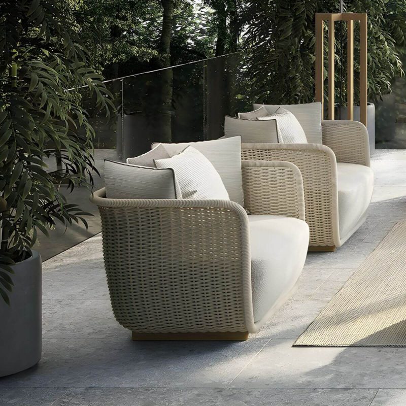 "Waterproof Wicker/Rattan Modern Sofa with Upholstered Cushions and Pillows - Teak Frame - Dark Gray 1-Seater Sofa"