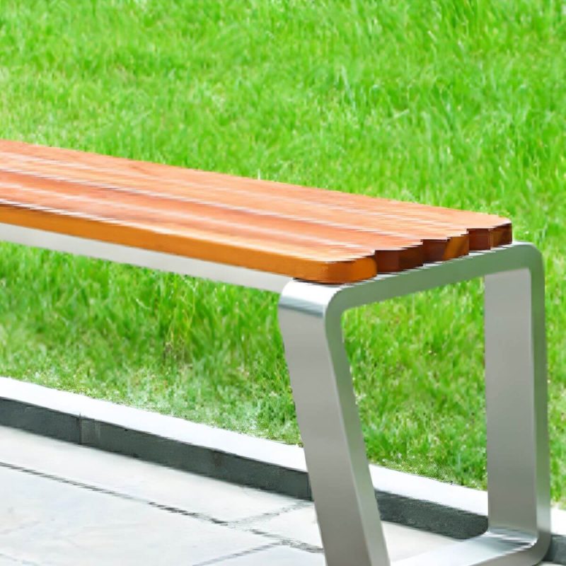 "Modern Garden Bench with Stainless Steel Frame and Waterproof Wood Seating - 55"L x 16"W x 17"H"