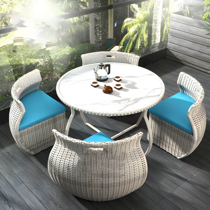 "Contemporary Glass Top White Dining Room Table Set with Wicker Dining Chairs - Table & Chair(s) 4 Glass"