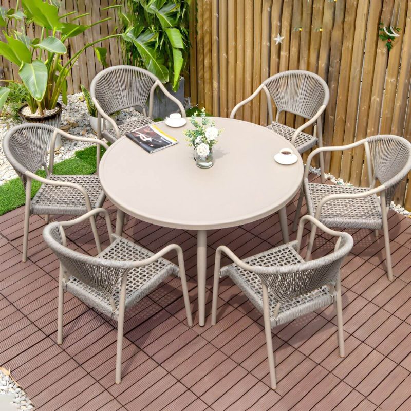 "Modern Stackable Brown Metal Arm Chair with Wicker Back for Patio Dining - 6 Piece Set"