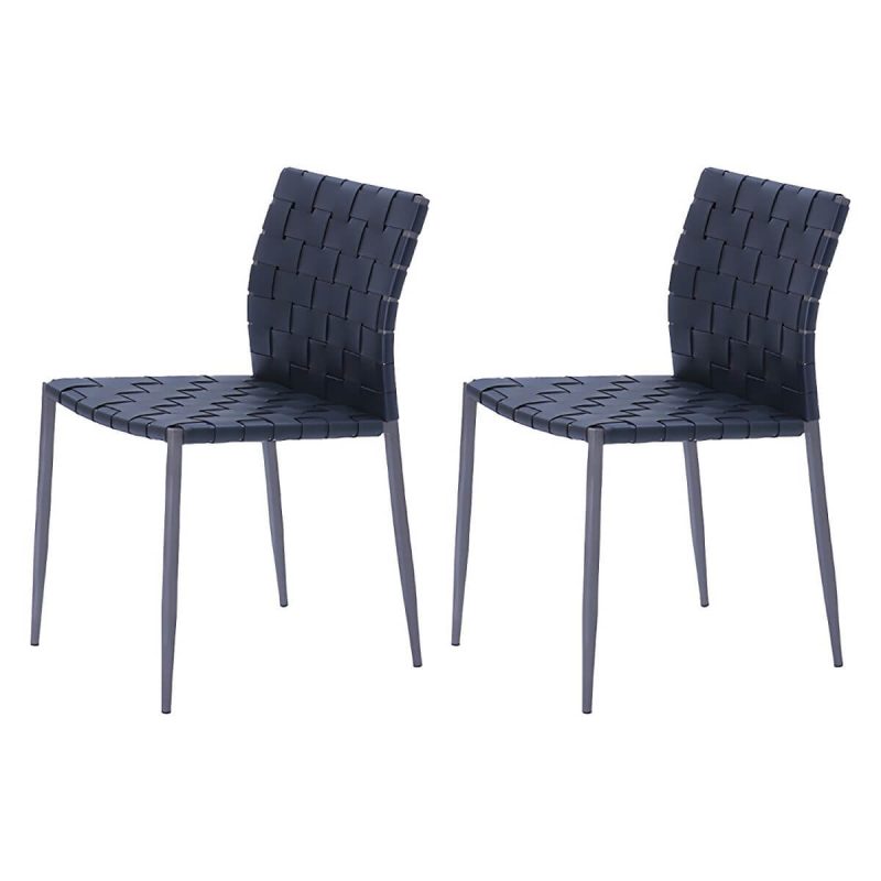 "Tropical Dining Side Chair Metal and Faux Leather Indoor-Outdoor Chair - Black 2 Piece Set"