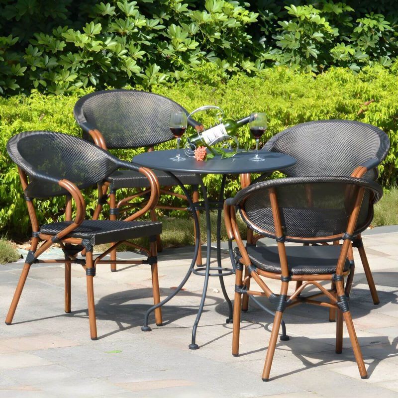 "Modern Brown Wicker/Rattan Patio Dining Set with Stackable Chairs, Metal Table Base - Table & Chair(s) 27.6"L x 27.6"W x 28.7"H 4"