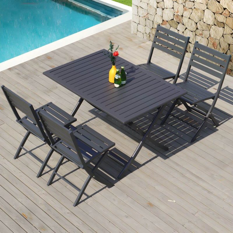 "Metal Modern Folding Patio Dining Set with Strap Back Chairs - Table & Chair(s) 47.2"L x 27.6"W x 28.5"H 6 Black"