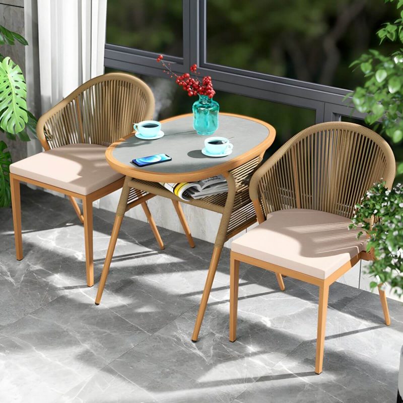"Contemporary Dining Table Set with Oval Top and 2 Woven Chairs for Courtyard - Table & Chair(s) 2 Grey"