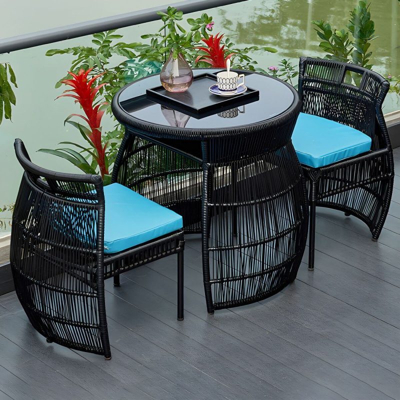 "Modern Black Round Shape Dining Room Chair and Table Set with Woven Chairs - Table & Chair(s) 2"