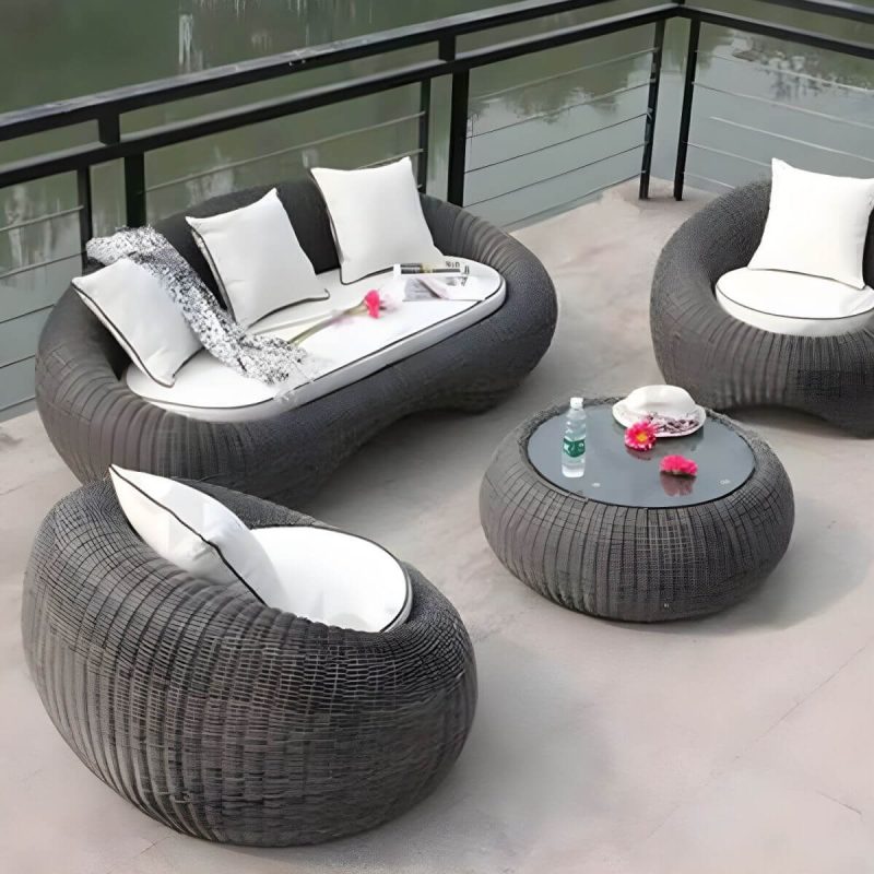 "Glass Coffee Table Included Courtyard Sofas Rattan Weaving Modern in Grey - 4-Piece Set(2 Chairs & 1 3-person Sofa & 1 Coffee Table)"