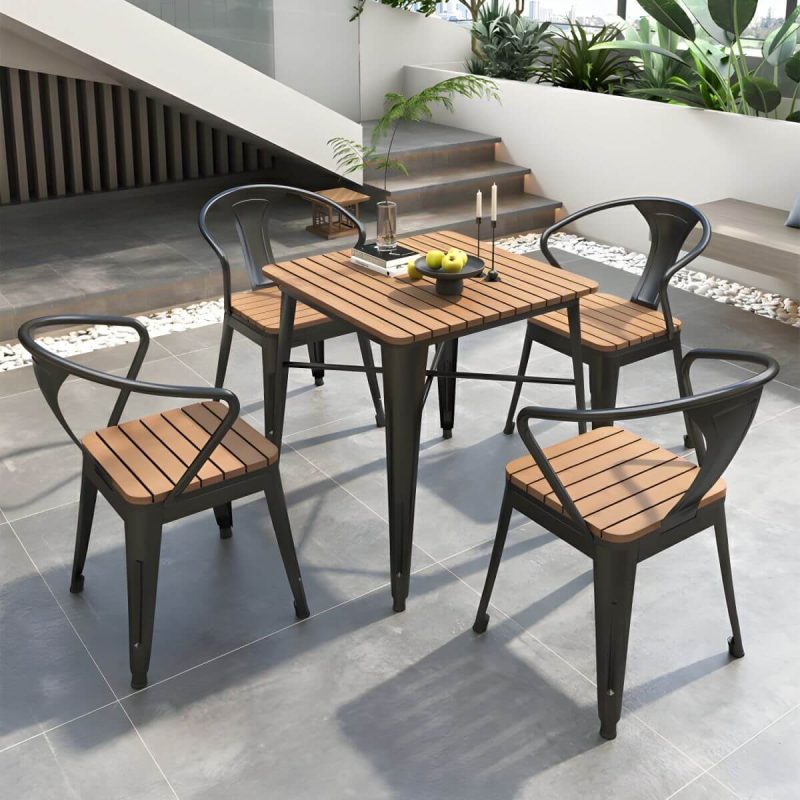 "Contemporary Style Wood Patio Table Rectangle Shape with Metal Legs in White/Black - Table Only 23.6"L x 23.6"W x 29.5"H Black"