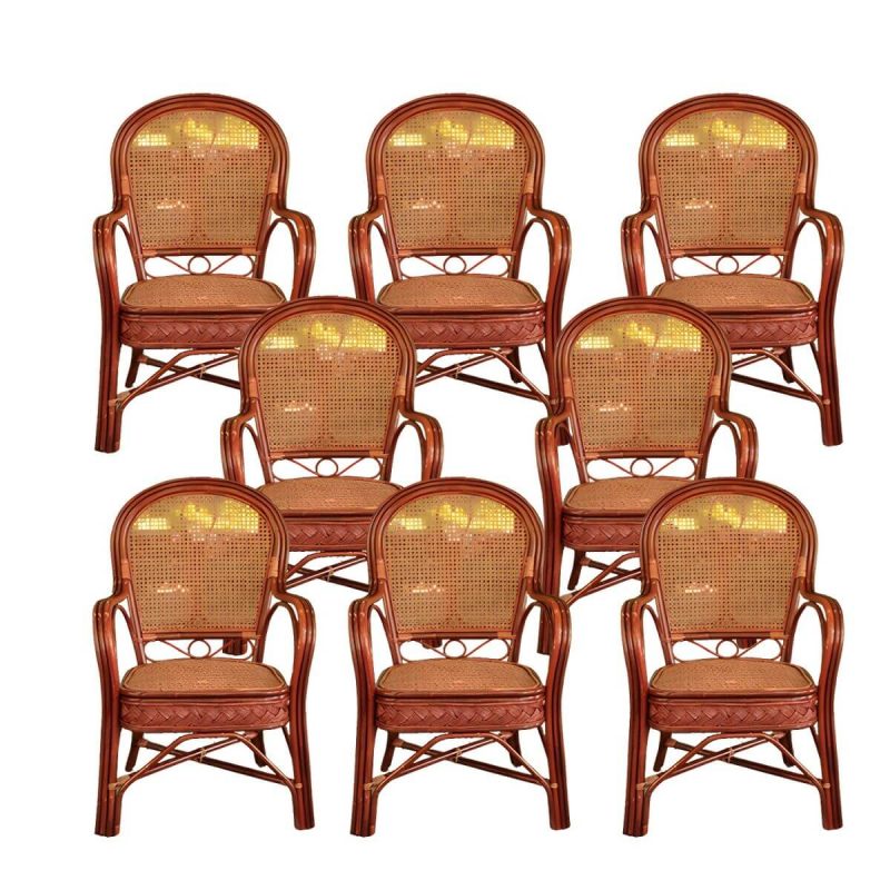 "Traditional Patio Dining Armchair in Rattan Single Outdoor Chair - Burgundy Rattan Weaving 8 Piece Set"