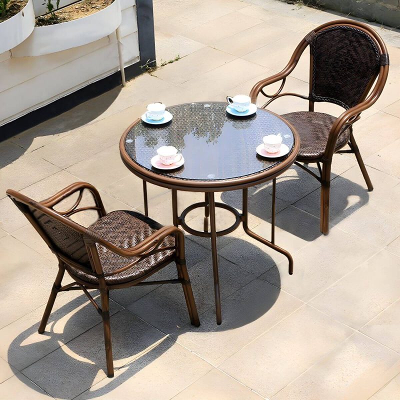 "Modern Brown Glass Top Patio Table Set Metal 4 Legs for Outdoor - Table & Chair(s) 31.5"L x 31.5"W x 29.5"H 2"