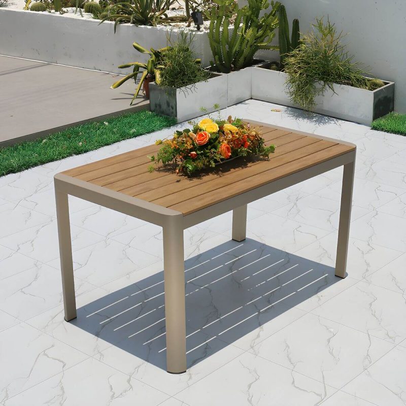 "Brown Wood Modern Patio Dining Table with Aluminum Frame - UV Resistant - Table Only 56"L x 31"W x 30"H"