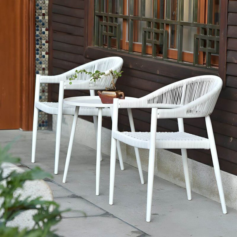 "Weatherproof White Wicker Patio Dining Set with Set of Stackable Chairs - Desk with 2 Chairs 31.5"L x 31.5"W x 29.1"H"