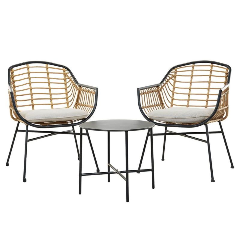 "Black Modern Weatherproof Round Patio Dining Set with Upholstered Chairs - Table & Chair(s) 2"